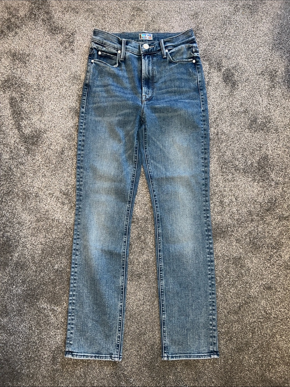 MOTHER Women Straight Leg Jeans in Blue with Dark Blue Heart Patch - Picture 4 of 7